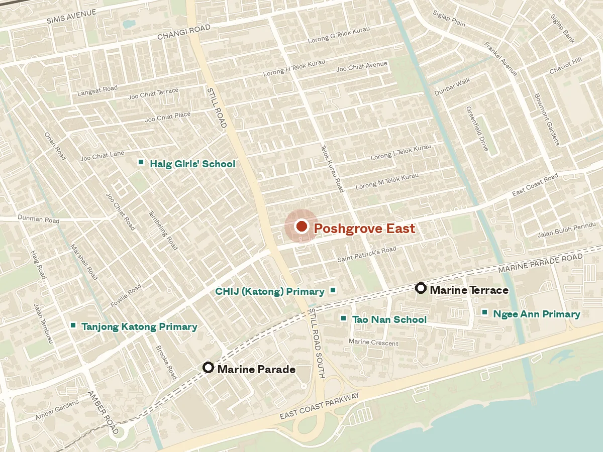 Map of the area around Poshgrove East, with nearby MRT stations and primary schools