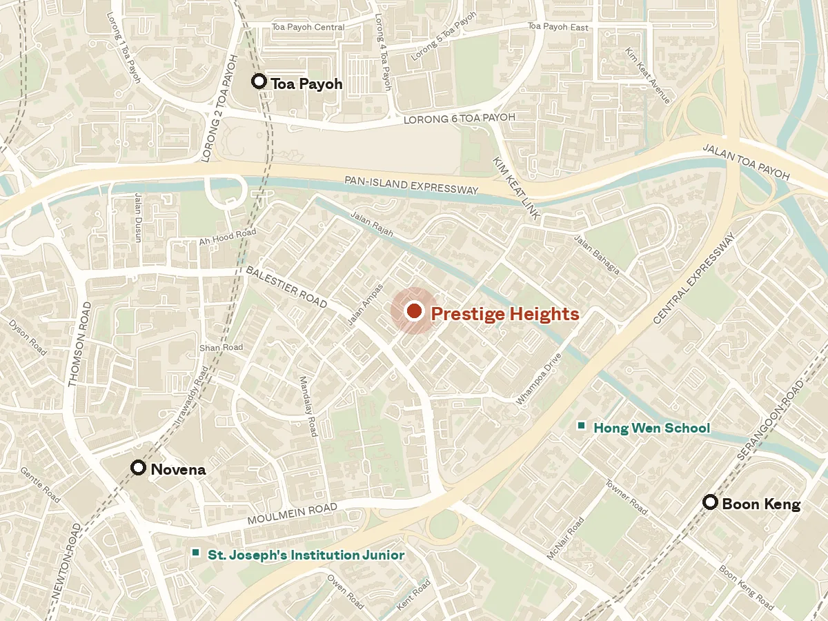 Map of the area around Prestige Heights, with nearby MRT stations and primary schools