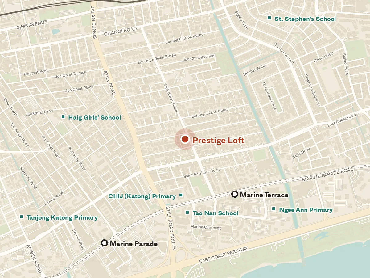 Map of the area around Prestige Loft, with nearby MRT stations and primary schools