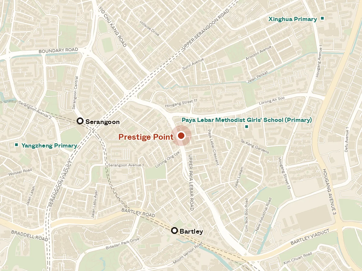Map of the area around Prestige Point, with nearby MRT stations and primary schools