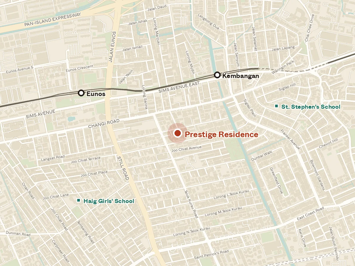 Map of the area around Prestige Residence, with nearby MRT stations and primary schools