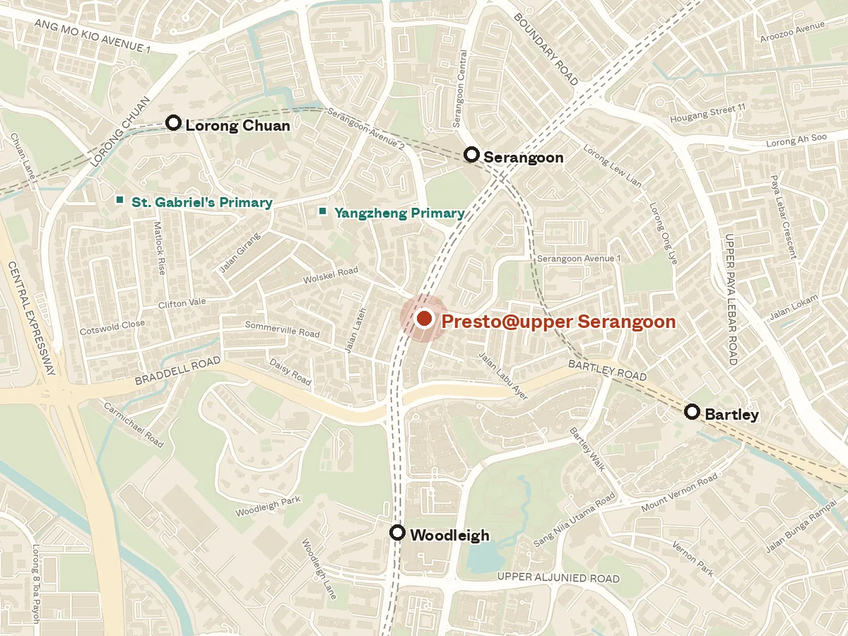 Map of the area around Presto@upper Serangoon, with nearby MRT stations and primary schools