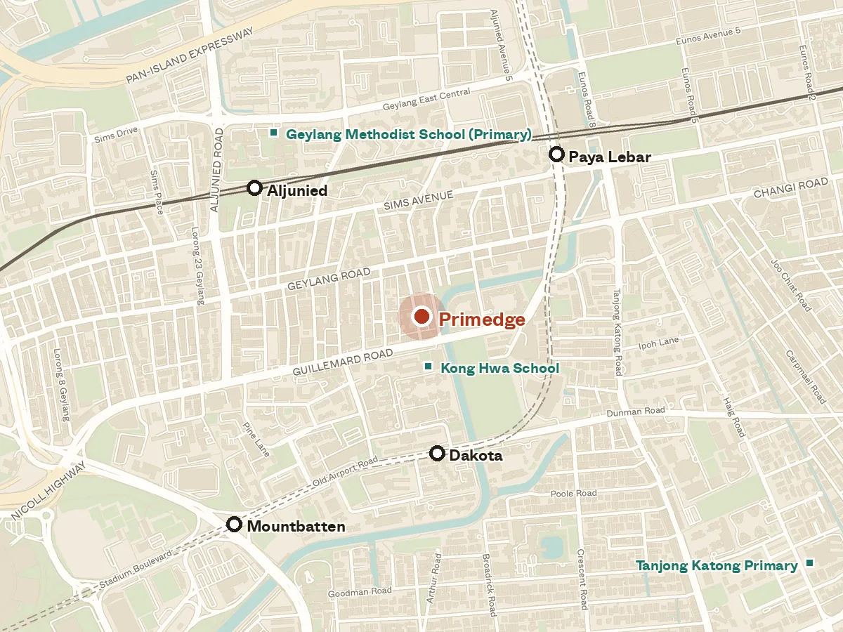 Map of the area around Primedge, with nearby MRT stations and primary schools