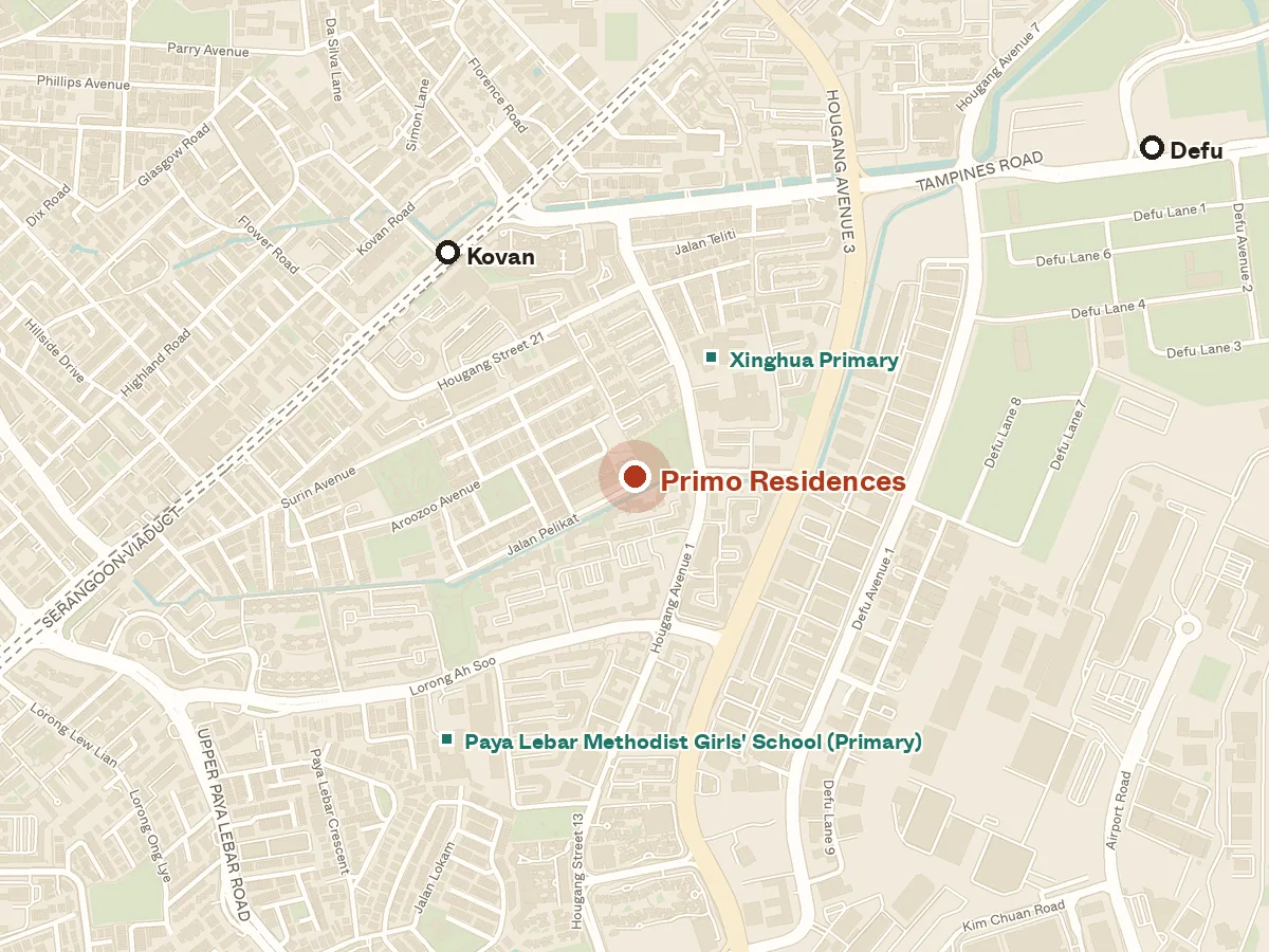 Map of the area around Primo Residences, with nearby MRT stations and primary schools