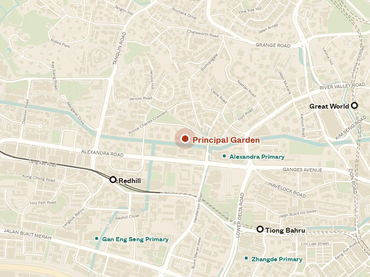 Map of the area around Principal Garden, with nearby MRT stations and primary schools