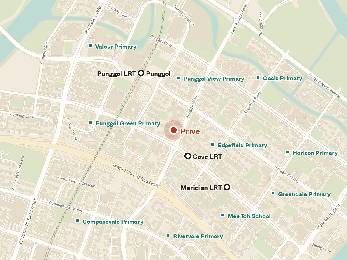 Map of the area around Prive, with nearby MRT stations and primary schools