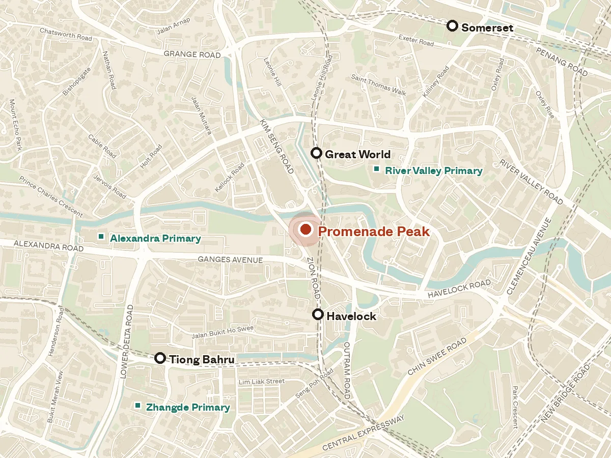 Map of the area around Promenade Peak, with nearby MRT stations and primary schools