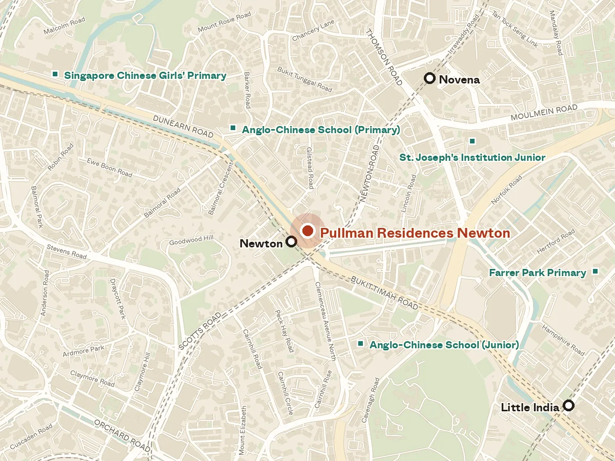 Map of the area around Pullman Residences Newton, with nearby MRT stations and primary schools