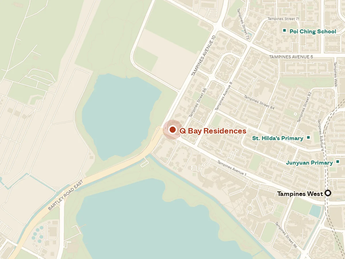 Map of the area around Q Bay Residences, with nearby MRT stations and primary schools