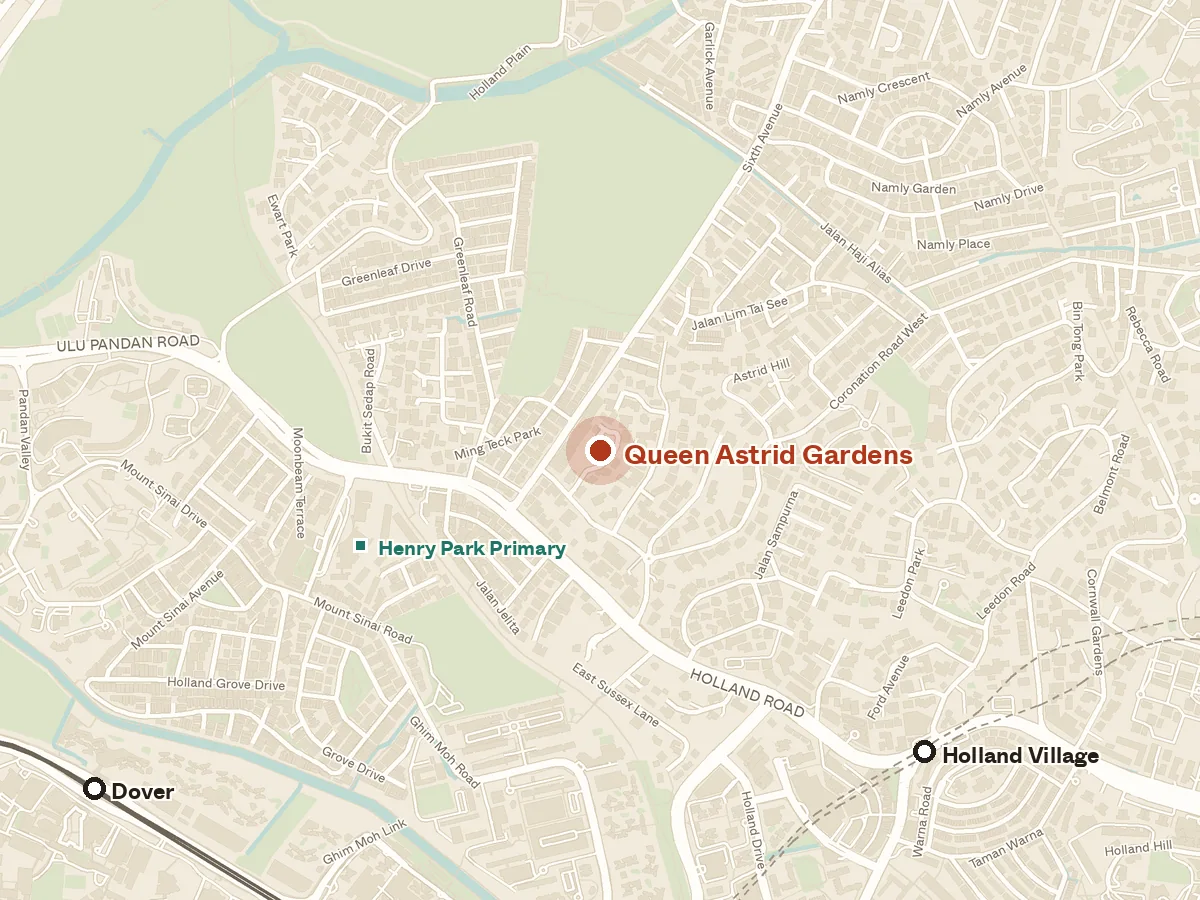Map of the area around Queen Astrid Gardens, with nearby MRT stations and primary schools