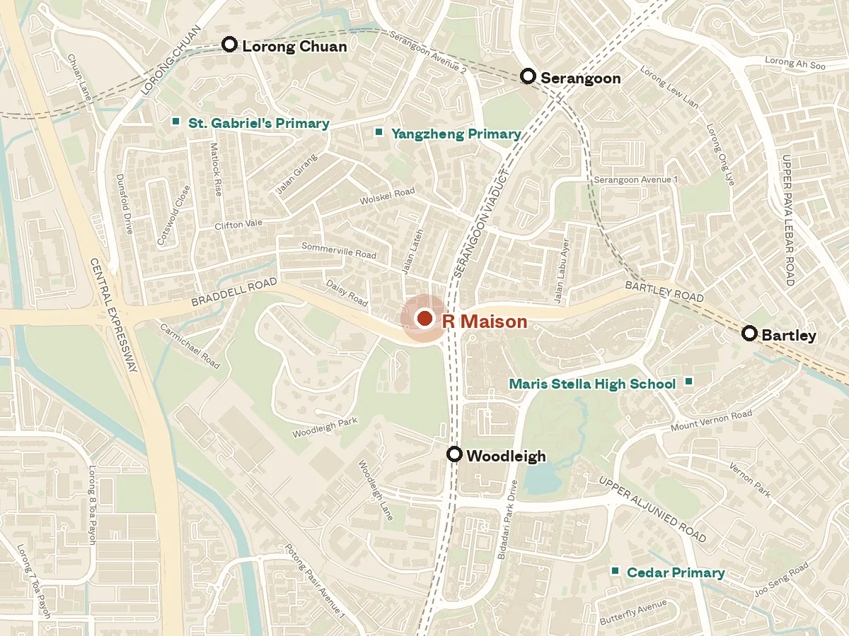 Map of the area around R Maison, with nearby MRT stations and primary schools