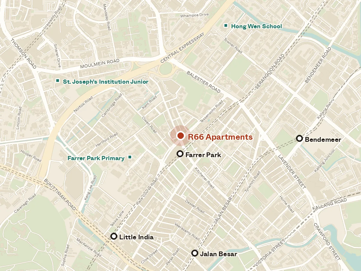 Map of the area around R66 Apartments, with nearby MRT stations and primary schools