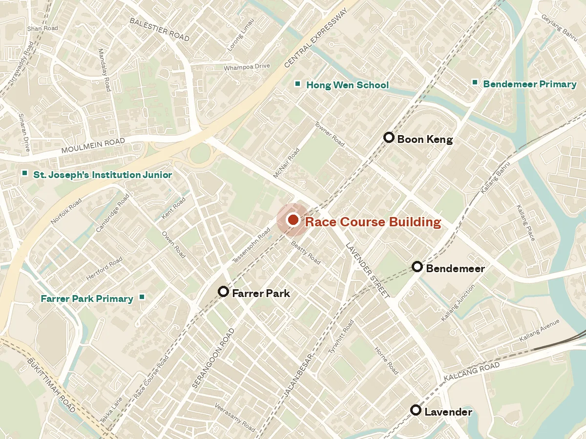 Map of the area around Race Course Building, with nearby MRT stations and primary schools