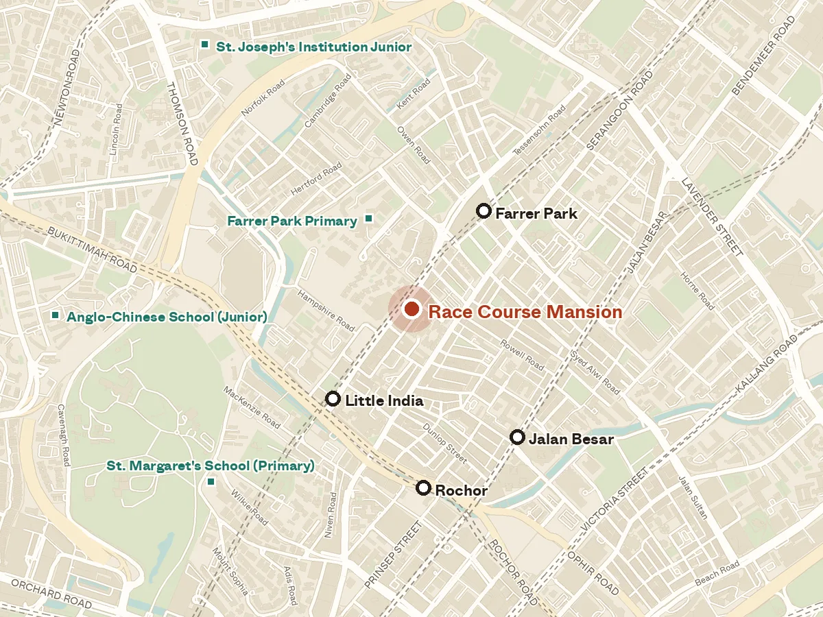 Map of the area around Race Course Mansion, with nearby MRT stations and primary schools