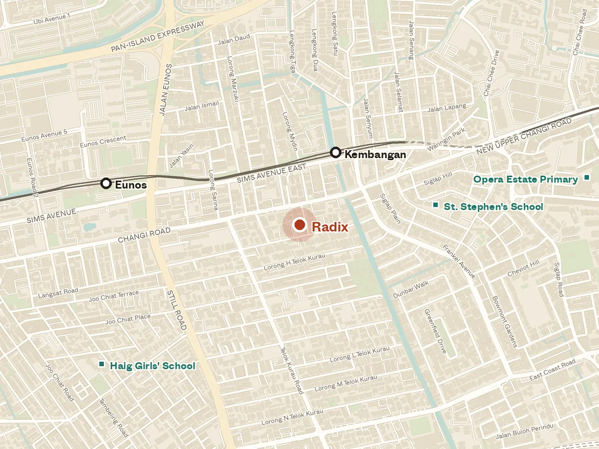 Map of the area around Radix, with nearby MRT stations and primary schools