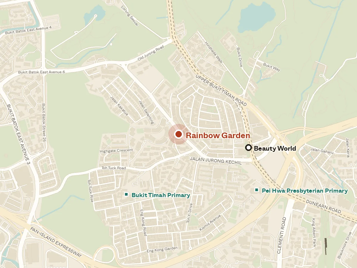Map of the area around Rainbow Garden, with nearby MRT stations and primary schools