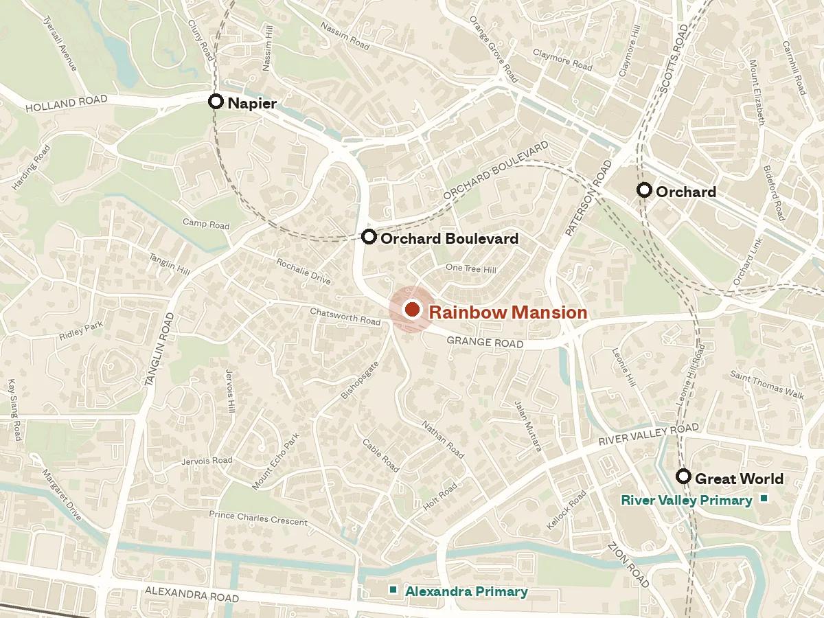 Map of the area around Rainbow Mansion, with nearby MRT stations and primary schools