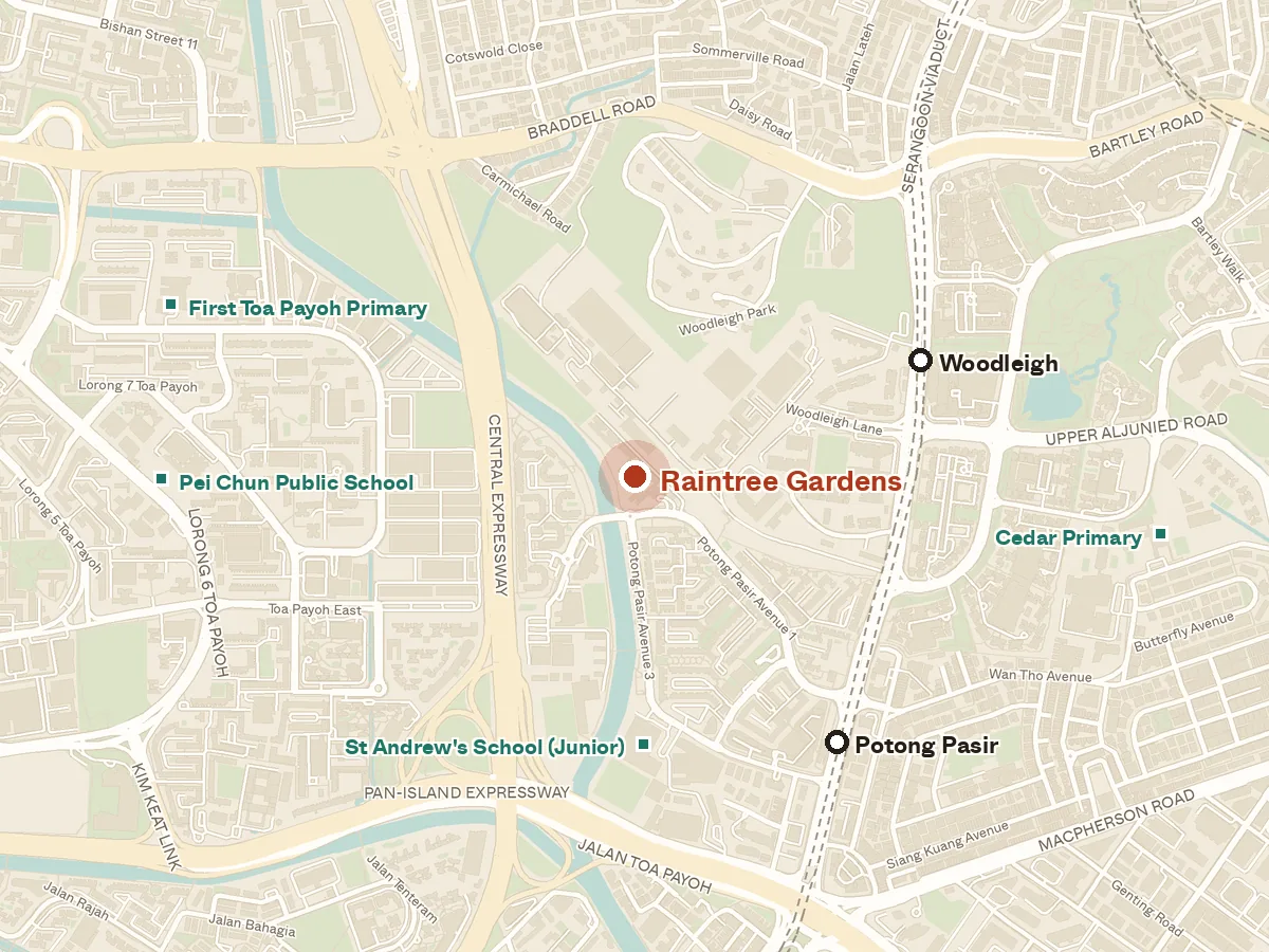 Map of the area around Raintree Gardens, with nearby MRT stations and primary schools