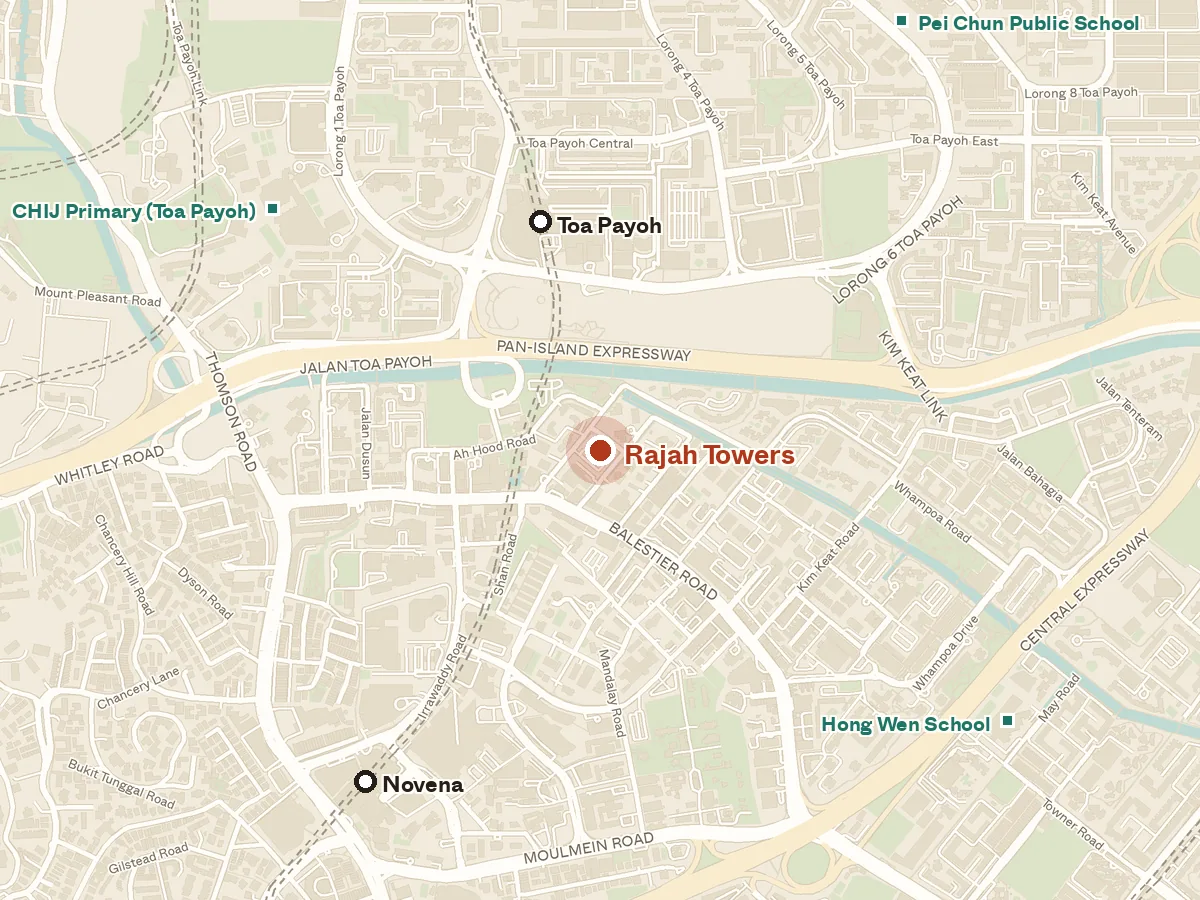 Map of the area around Rajah Towers, with nearby MRT stations and primary schools