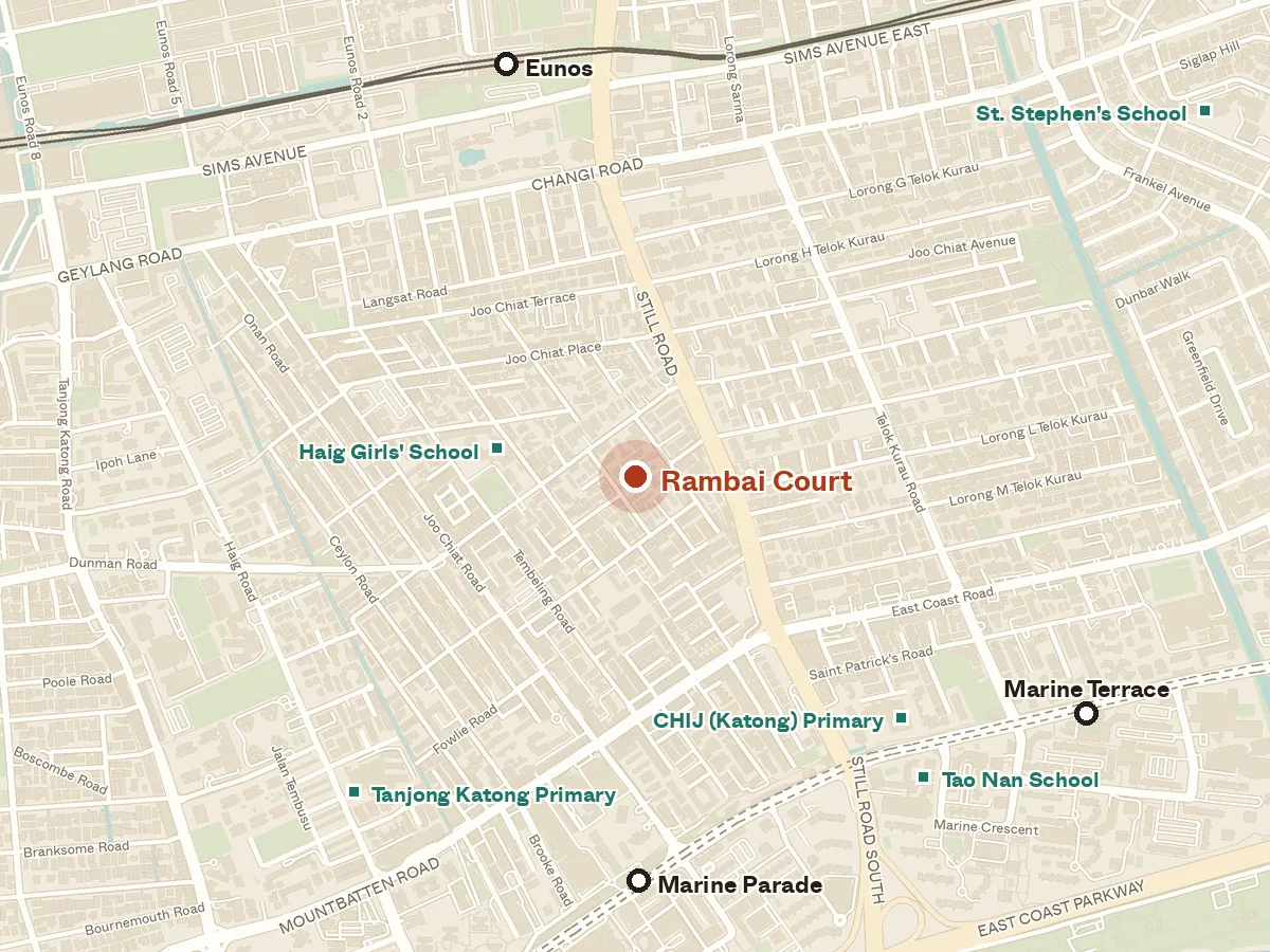 Map of the area around Rambai Court, with nearby MRT stations and primary schools