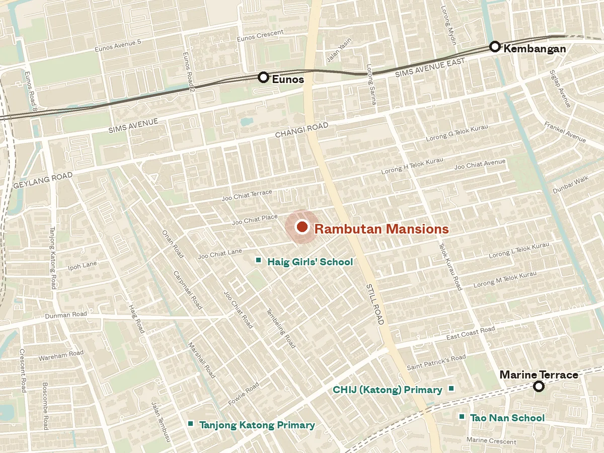 Map of the area around Rambutan Mansions, with nearby MRT stations and primary schools