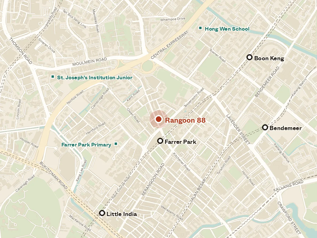 Map of the area around Rangoon 88, with nearby MRT stations and primary schools