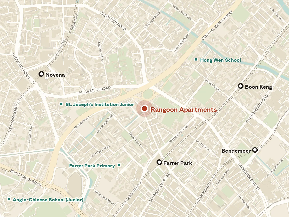 Map of the area around Rangoon Apartments, with nearby MRT stations and primary schools