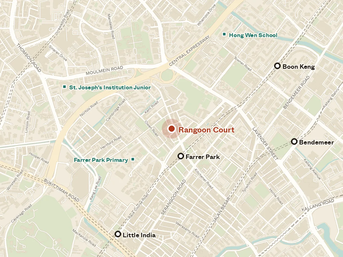 Map of the area around Rangoon Court, with nearby MRT stations and primary schools