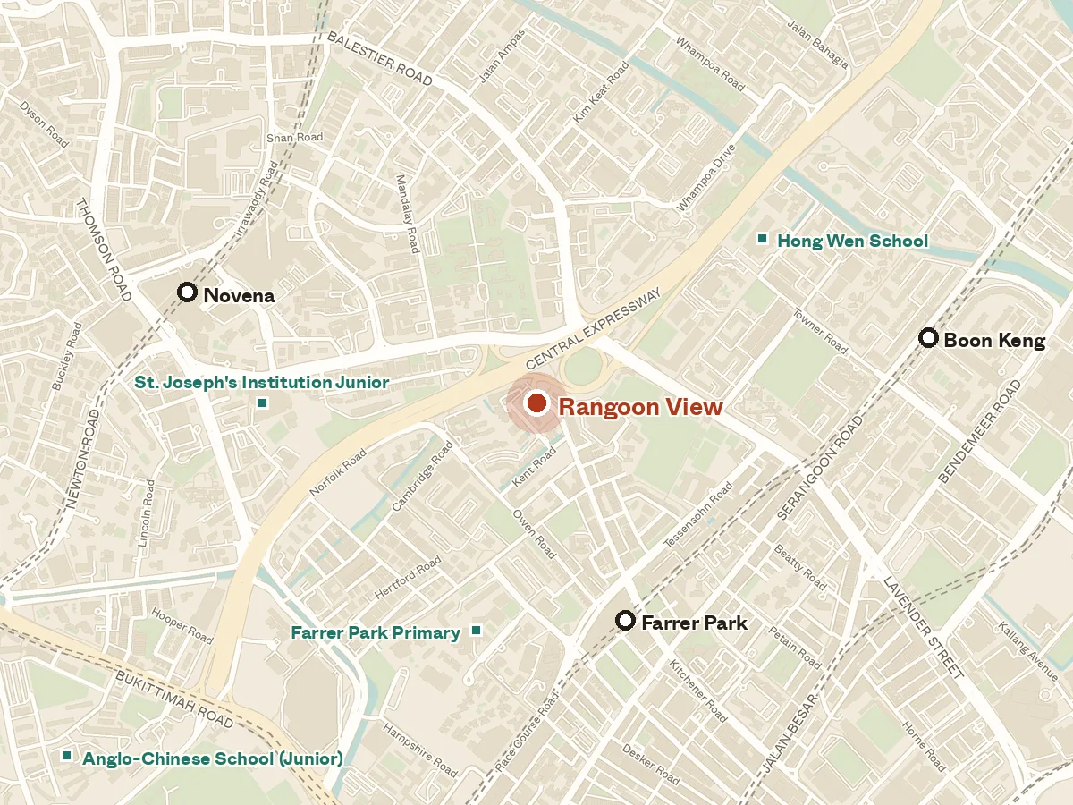 Map of the area around Rangoon View, with nearby MRT stations and primary schools