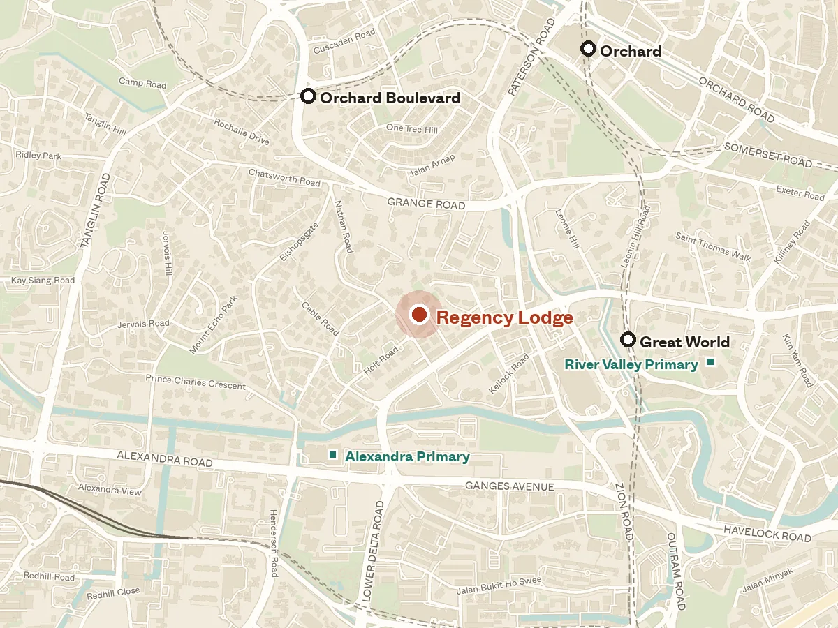 Map of the area around Regency Lodge, with nearby MRT stations and primary schools