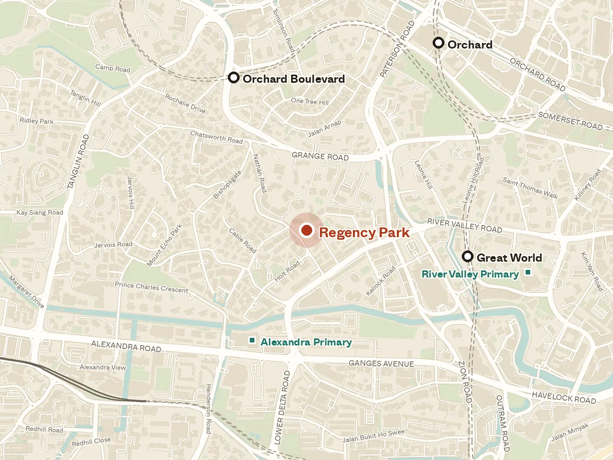 Map of the area around Regency Park, with nearby MRT stations and primary schools