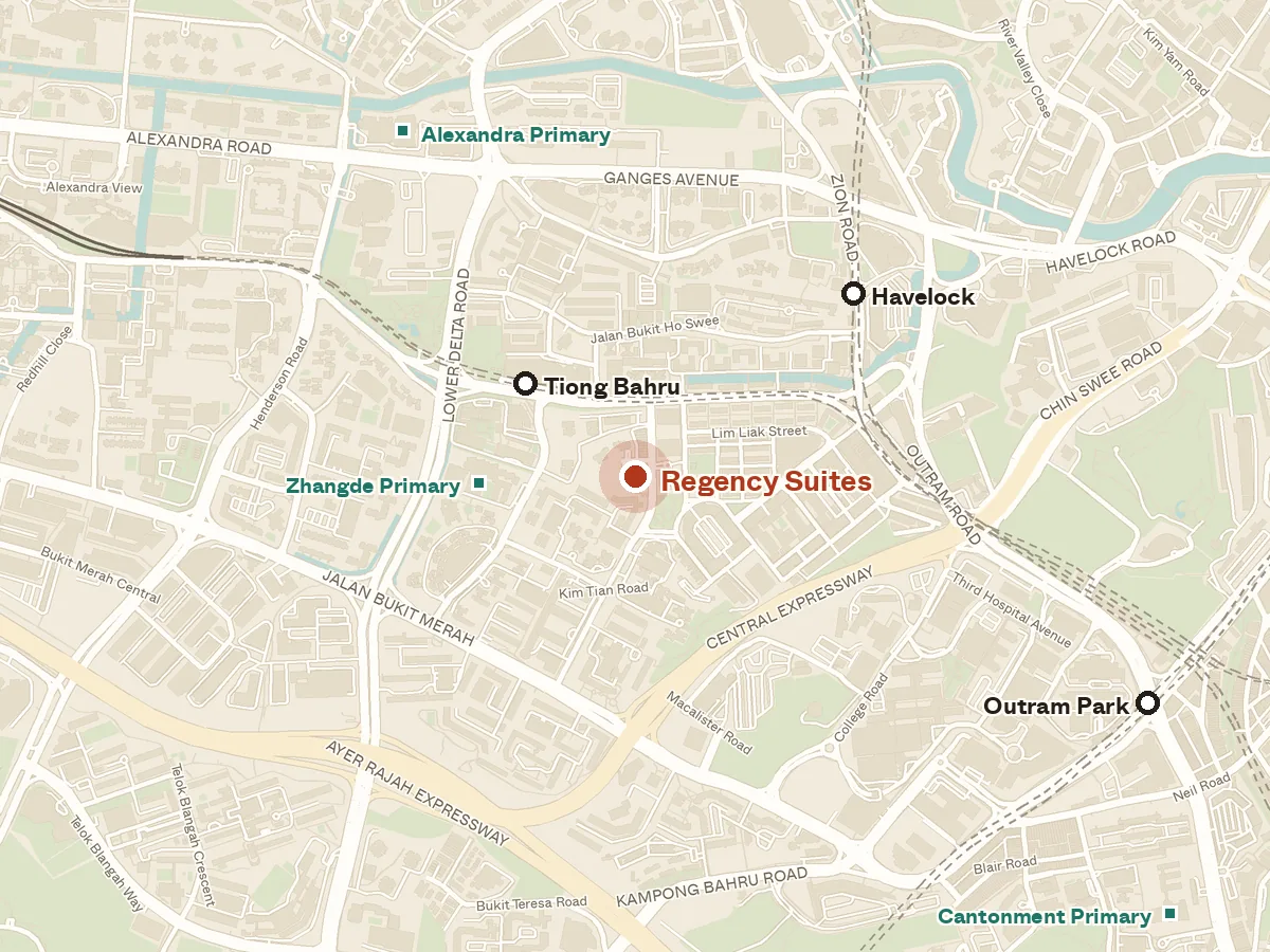 Map of the area around Regency Suites, with nearby MRT stations and primary schools