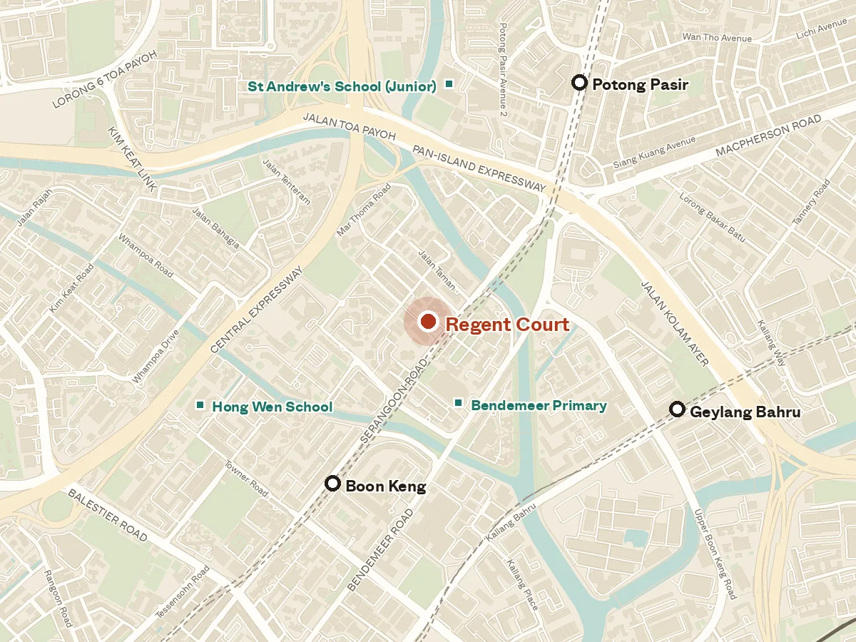 Map of the area around Regent Court, with nearby MRT stations and primary schools