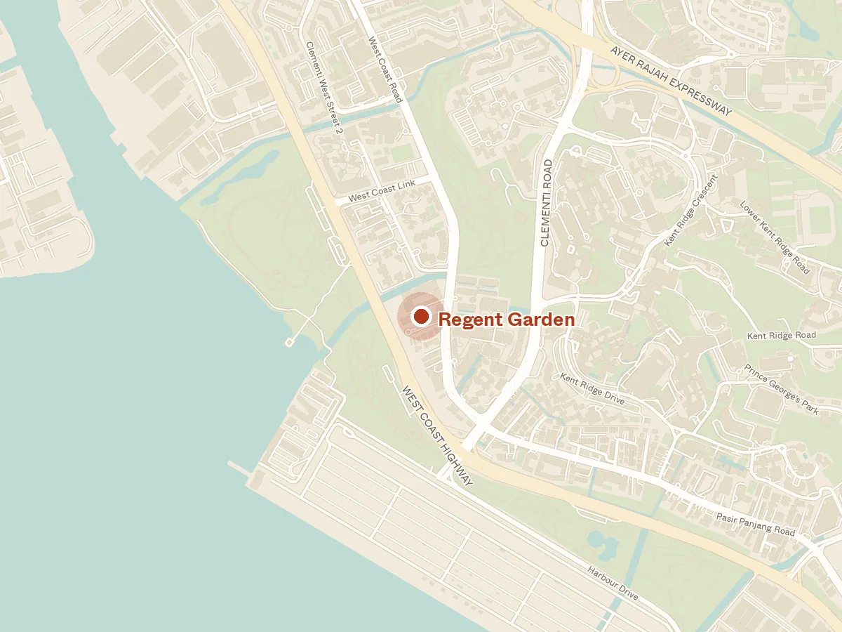 Map of the area around Regent Garden, with nearby MRT stations and primary schools
