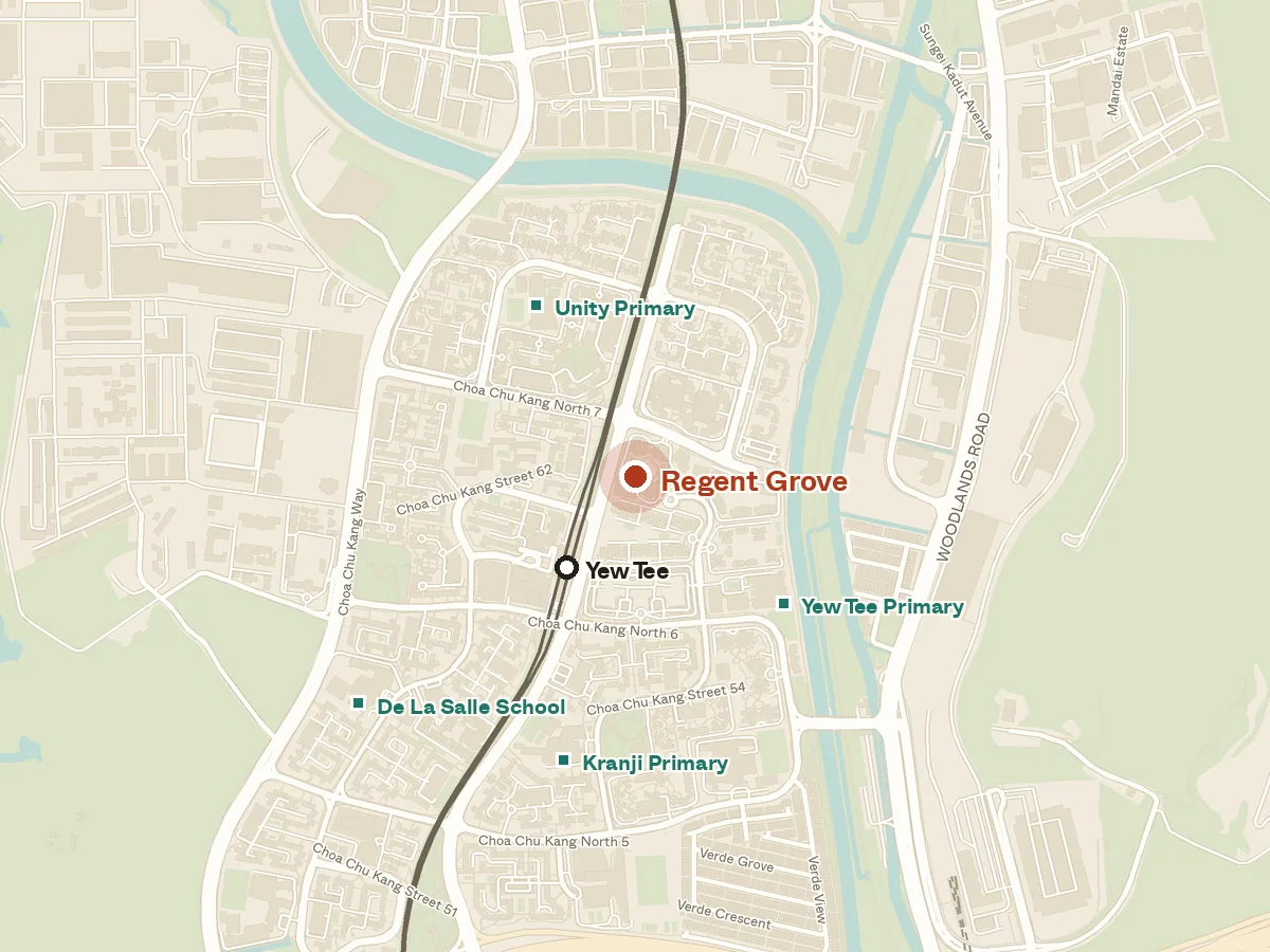 Map of the area around Regent Grove, with nearby MRT stations and primary schools