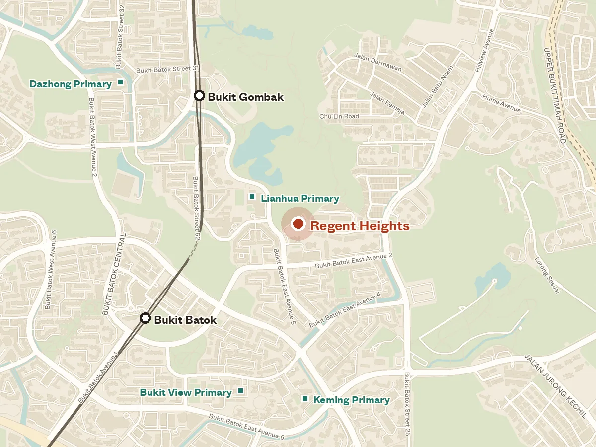 Map of the area around Regent Heights, with nearby MRT stations and primary schools