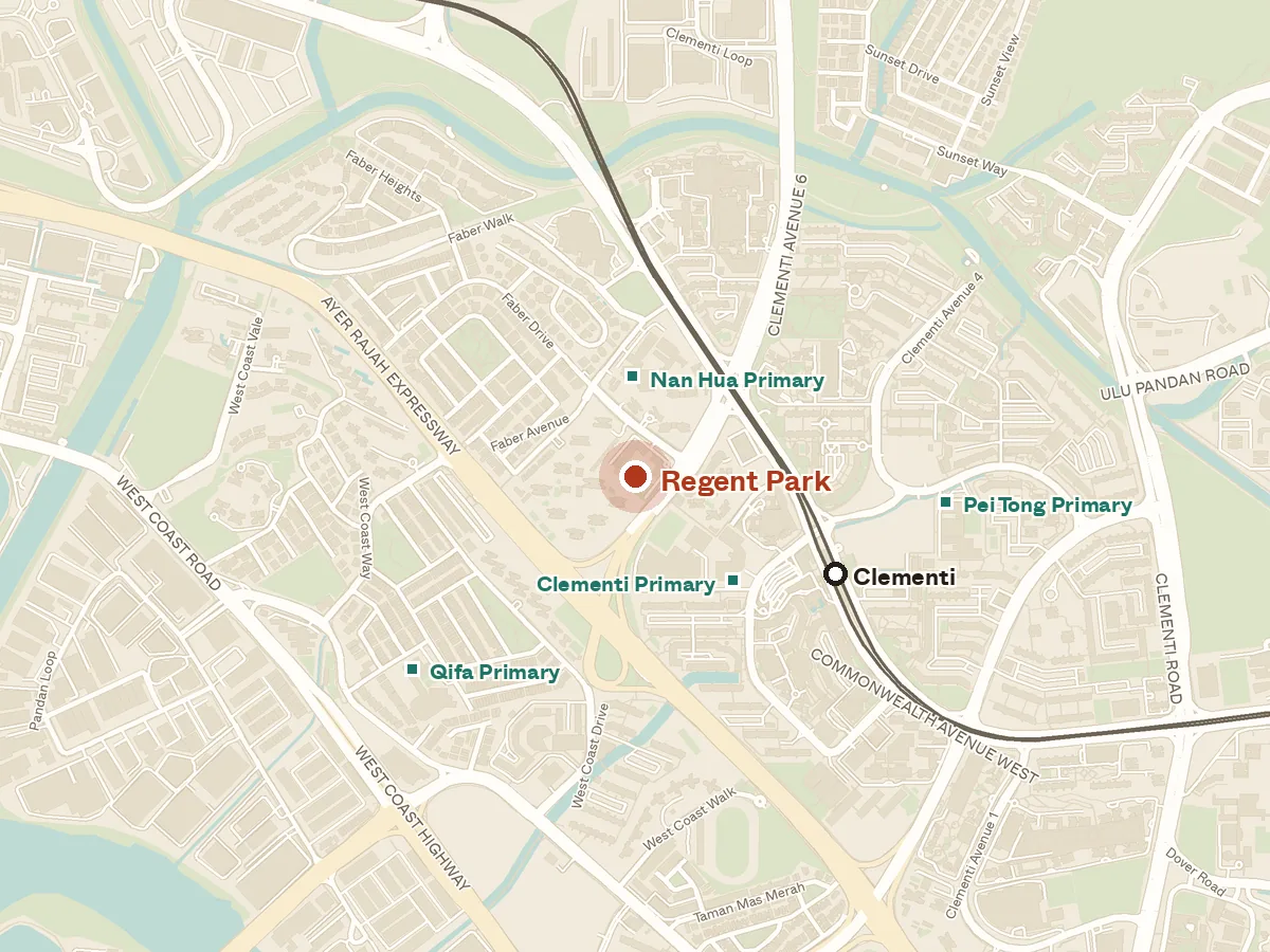 Map of the area around Regent Park, with nearby MRT stations and primary schools