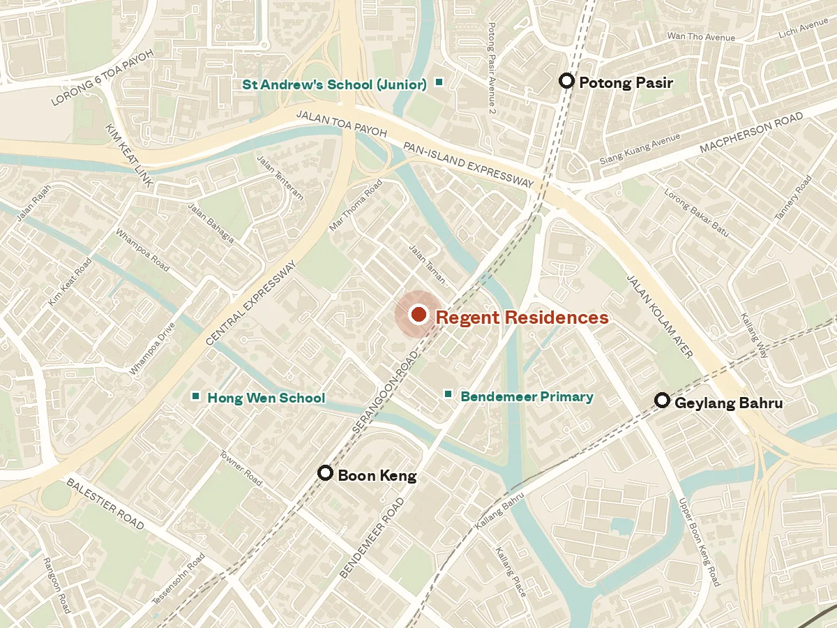 Map of the area around Regent Residences, with nearby MRT stations and primary schools