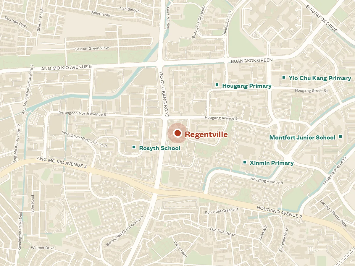 Map of the area around Regentville, with nearby MRT stations and primary schools