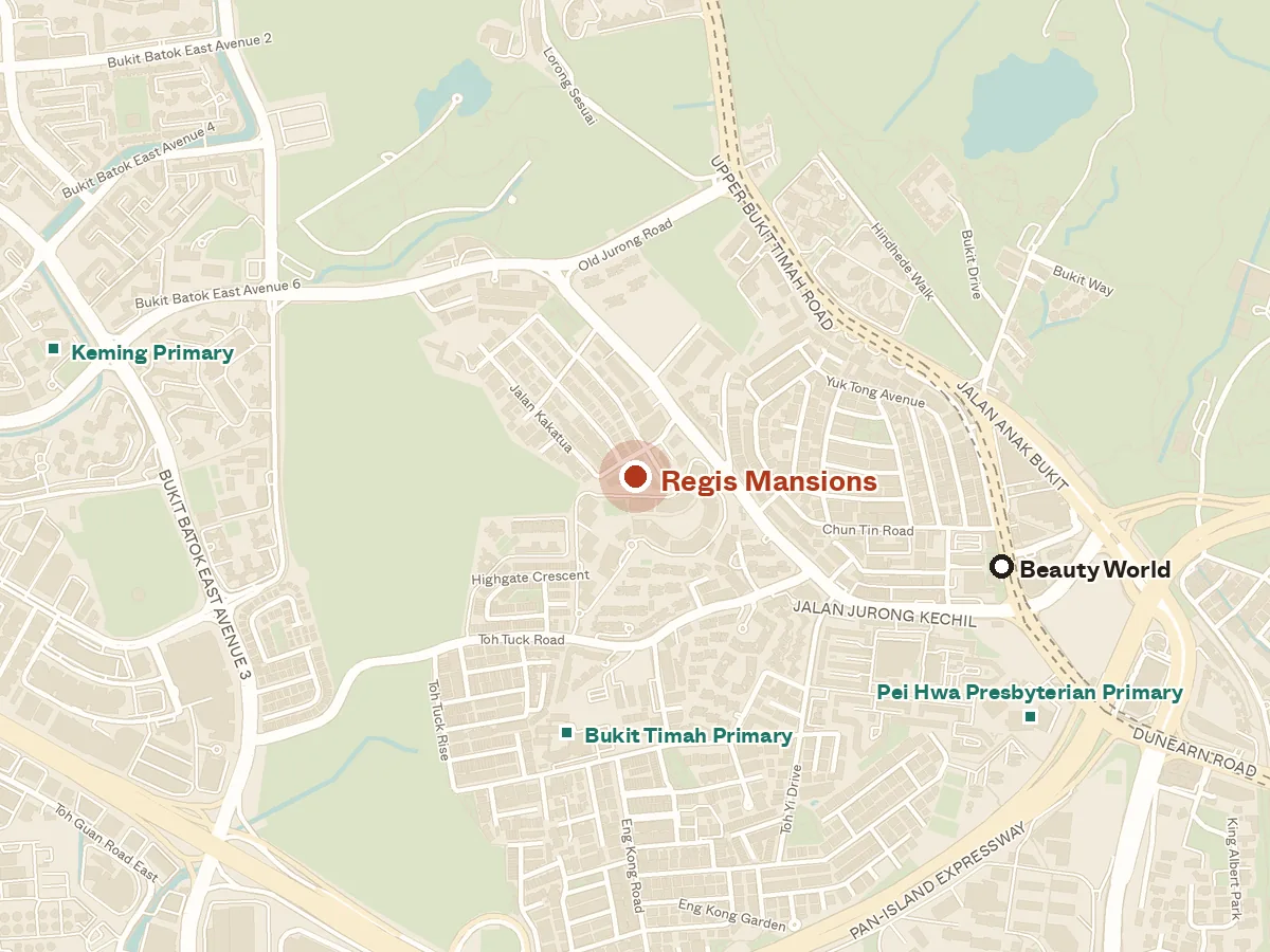 Map of the area around Regis Mansions, with nearby MRT stations and primary schools