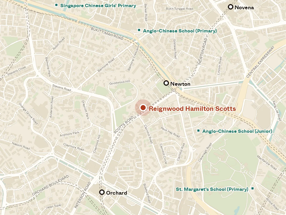 Map of the area around Reignwood Hamilton Scotts, with nearby MRT stations and primary schools