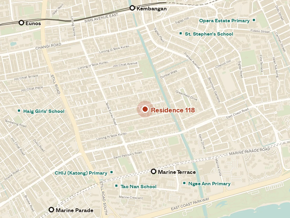 Map of the area around Residence 118, with nearby MRT stations and primary schools