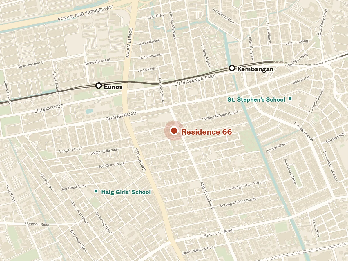Map of the area around Residence 66, with nearby MRT stations and primary schools