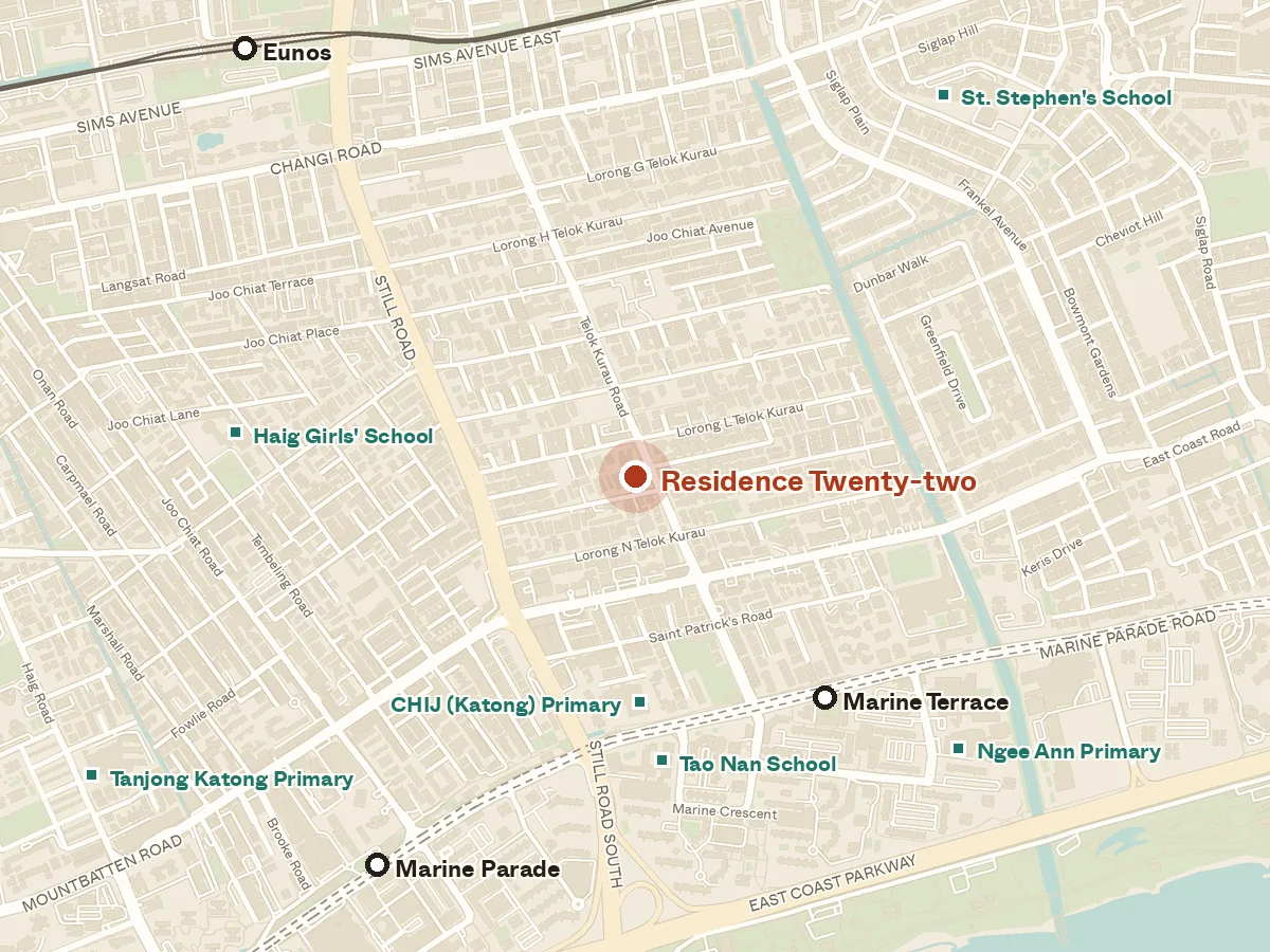 Map of the area around Residence Twenty-two, with nearby MRT stations and primary schools