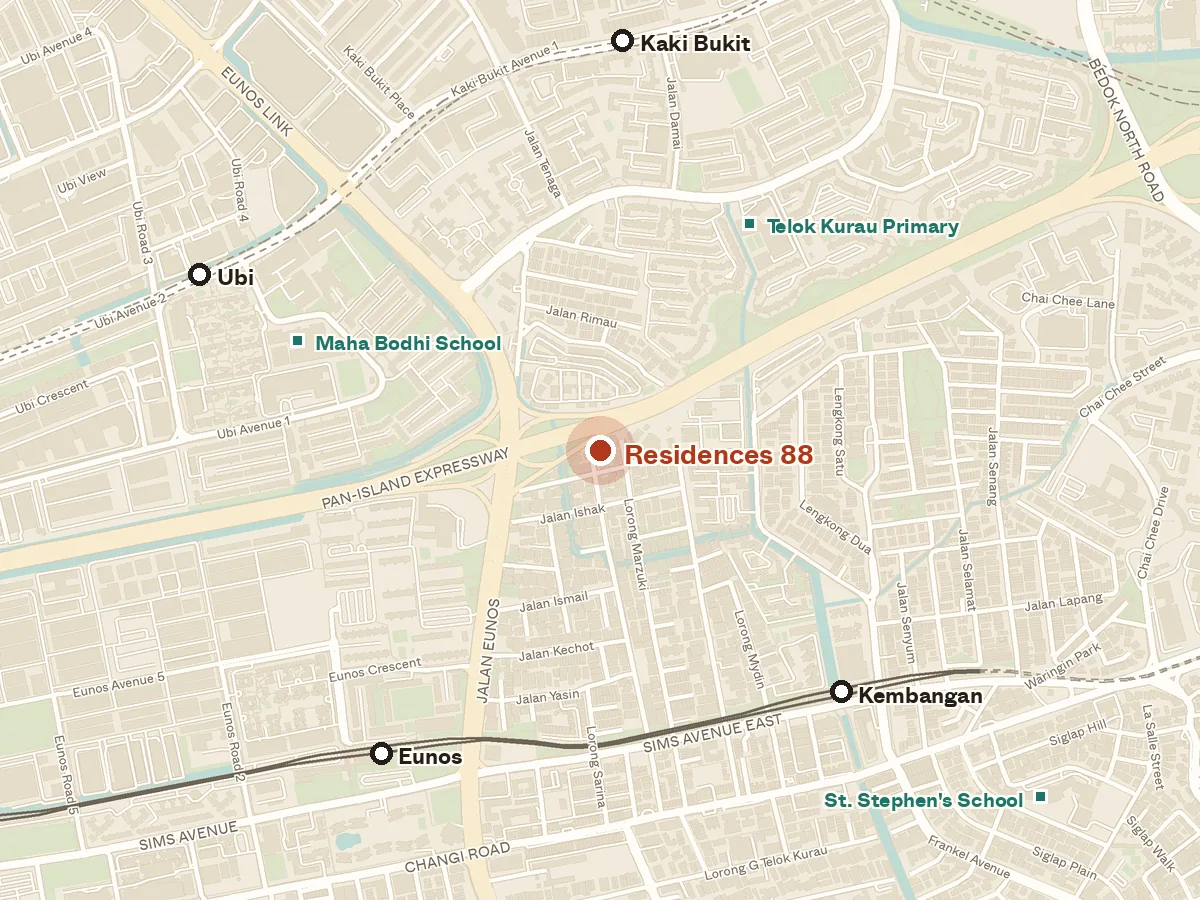 Map of the area around Residences 88, with nearby MRT stations and primary schools