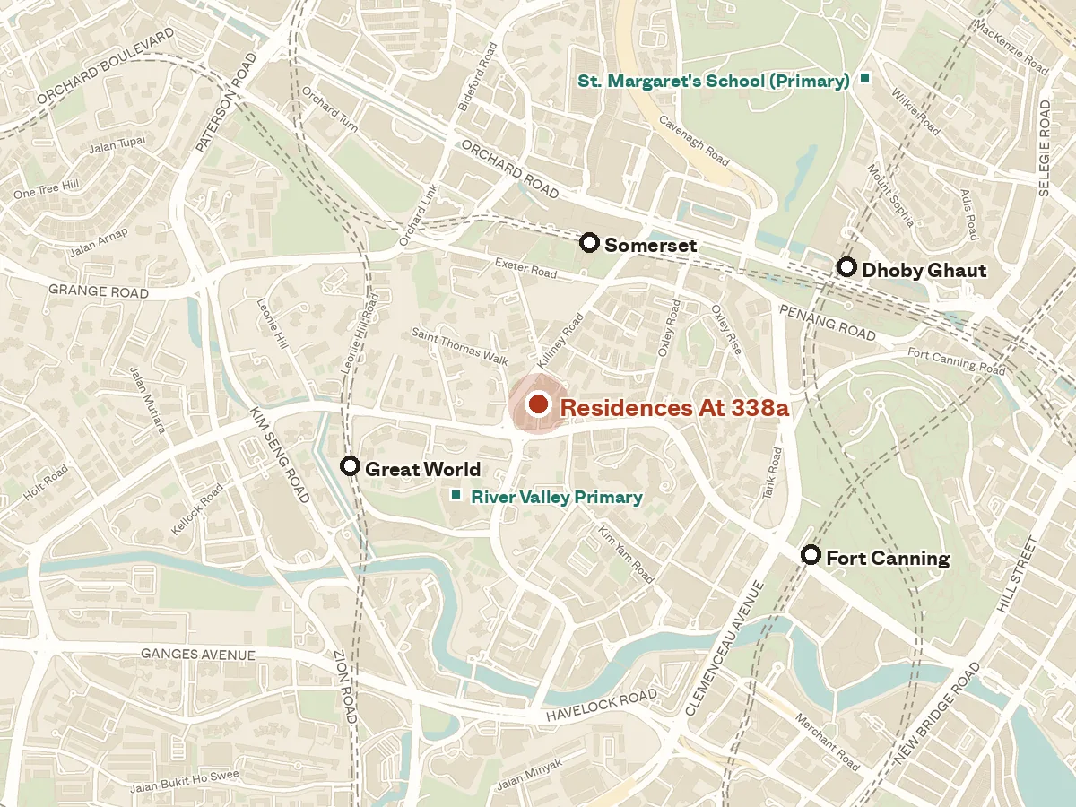 Map of the area around Residences at 338a, with nearby MRT stations and primary schools