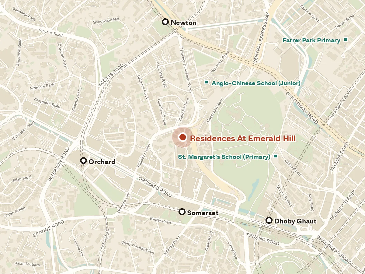 Map of the area around Residences at Emerald Hill, with nearby MRT stations and primary schools