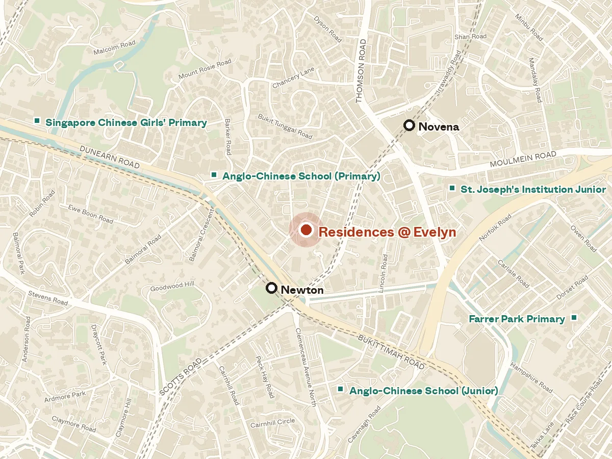 Map of the area around Residences @ Evelyn, with nearby MRT stations and primary schools