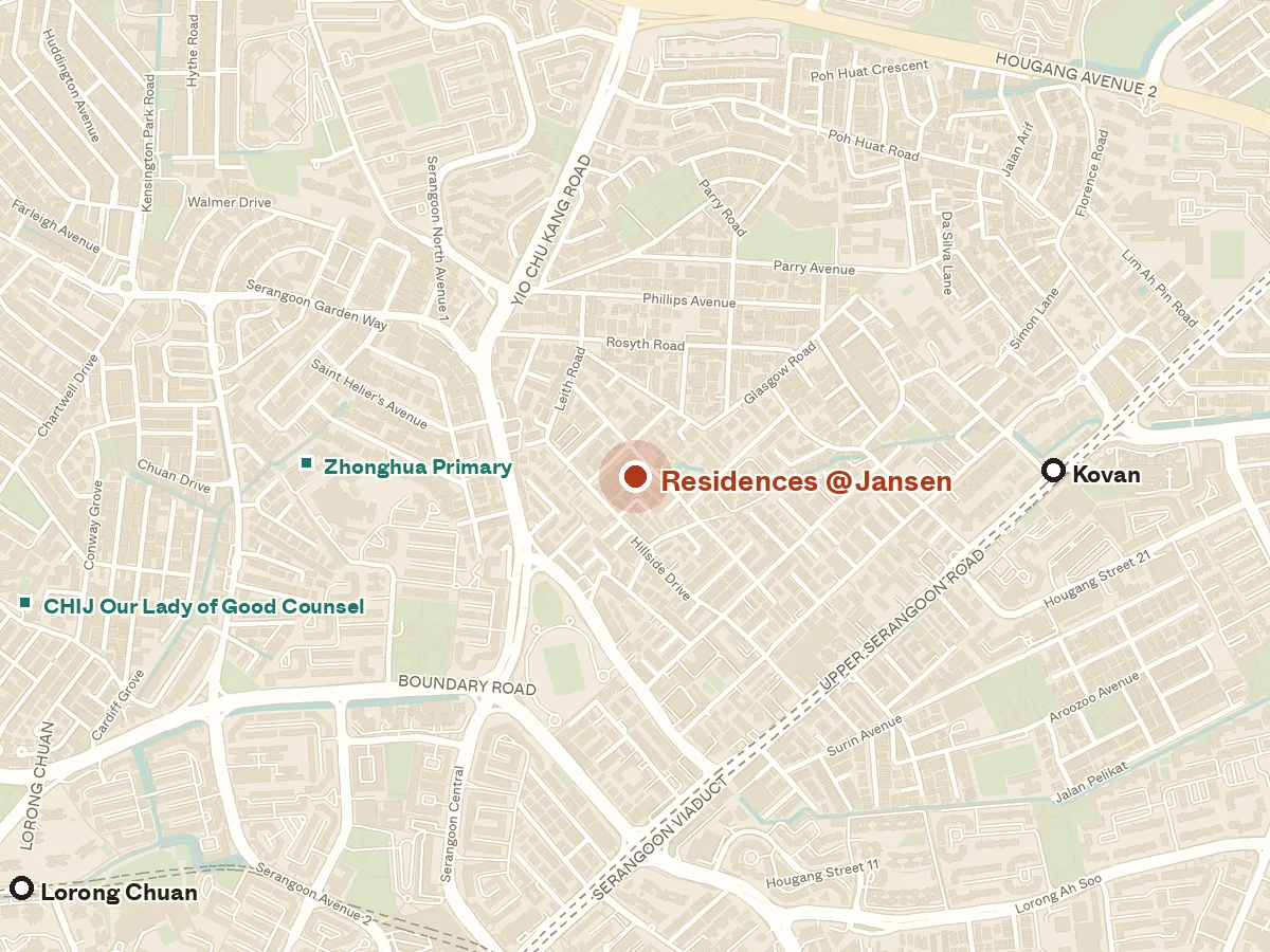Map of the area around Residences @ Jansen, with nearby MRT stations and primary schools