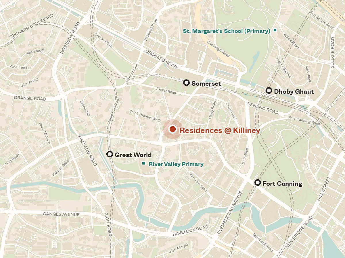 Map of the area around Residences @ Killiney, with nearby MRT stations and primary schools